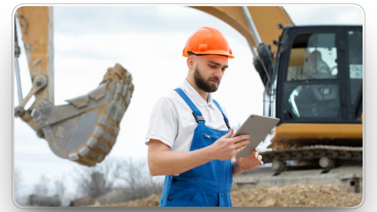 technician reviewing heavy equipment data on tablet at job site