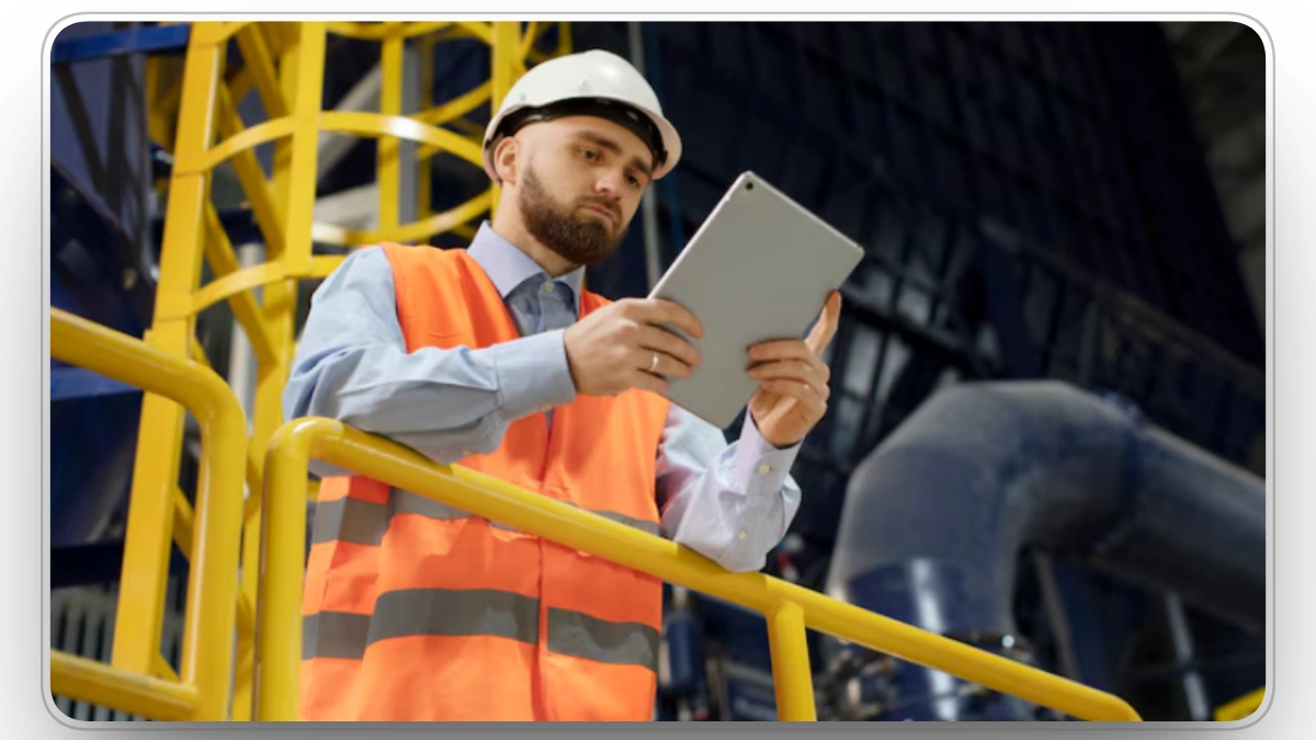 construction worker using tablet for equipment maintenance inspection