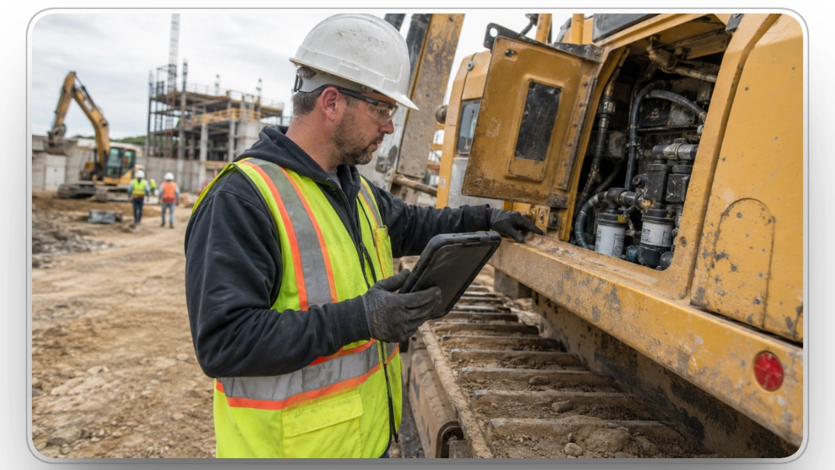 Construction worker inspecting heavy equipment maintenance data on a tablet