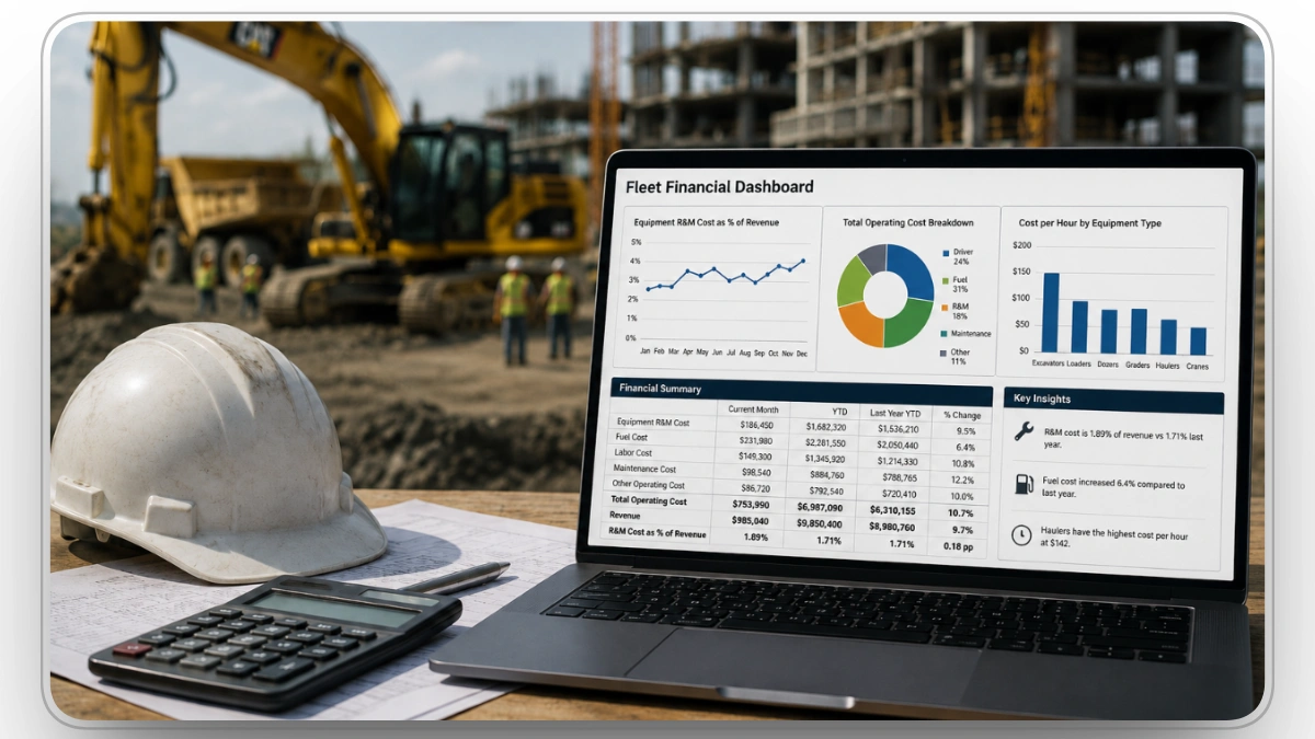 Construction fleet financial dashboard showing equipment cost metrics
