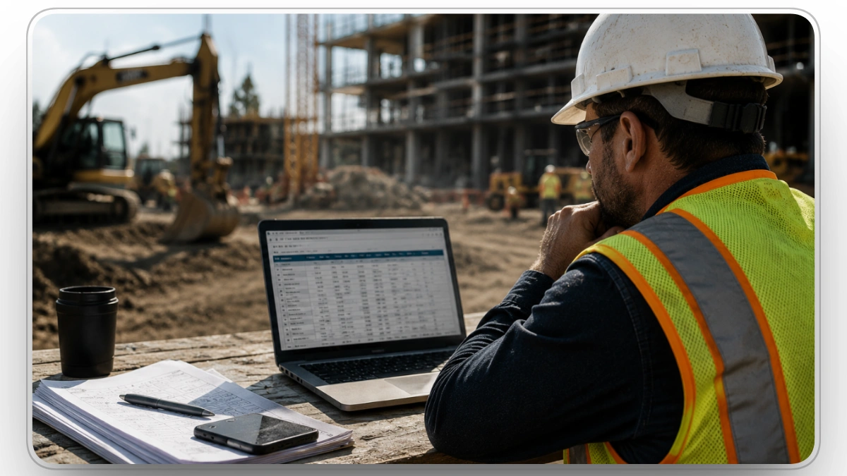 Fleet manager analyzing construction equipment performance data on laptop