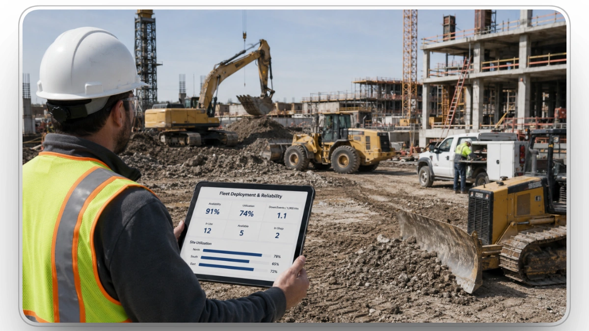 Construction manager reviewing fleet deployment and reliability metrics on a tablet