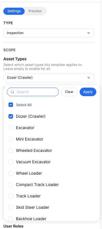 Asset Types dropdown with checkboxes for each equipment type