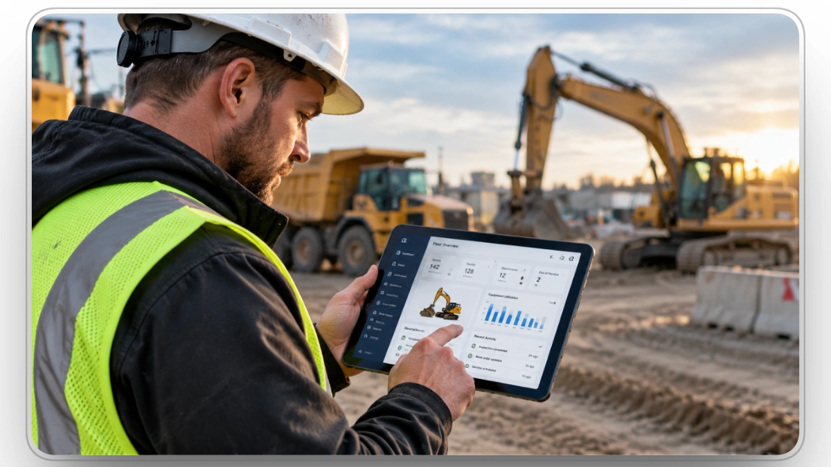 Construction supervisor reviewing equipment data on tablet at jobsite