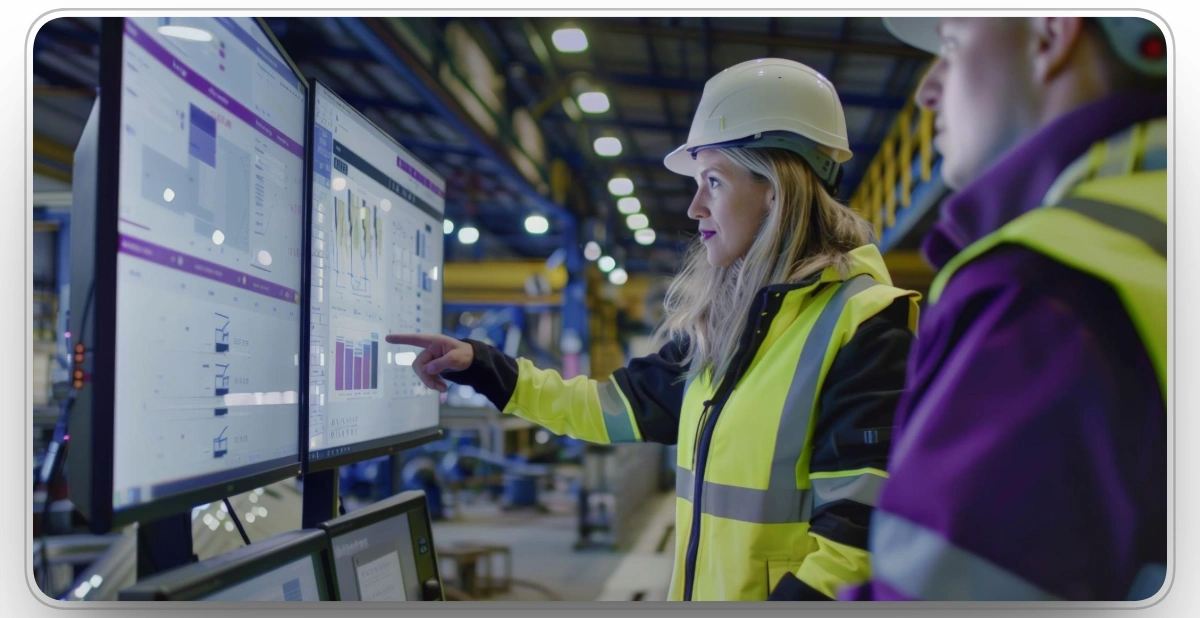 Construction team reviewing fleet management software data on industrial monitors
