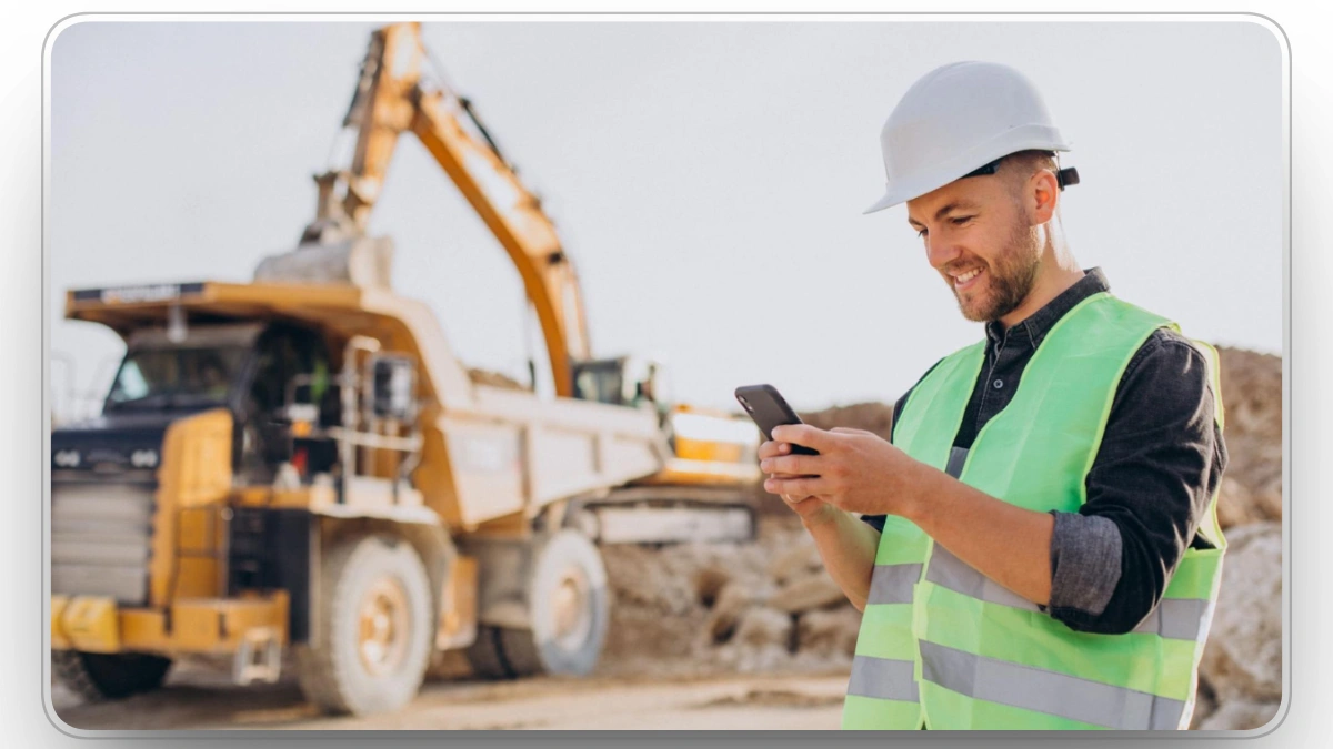 Construction worker using mobile software near heavy equipment on site