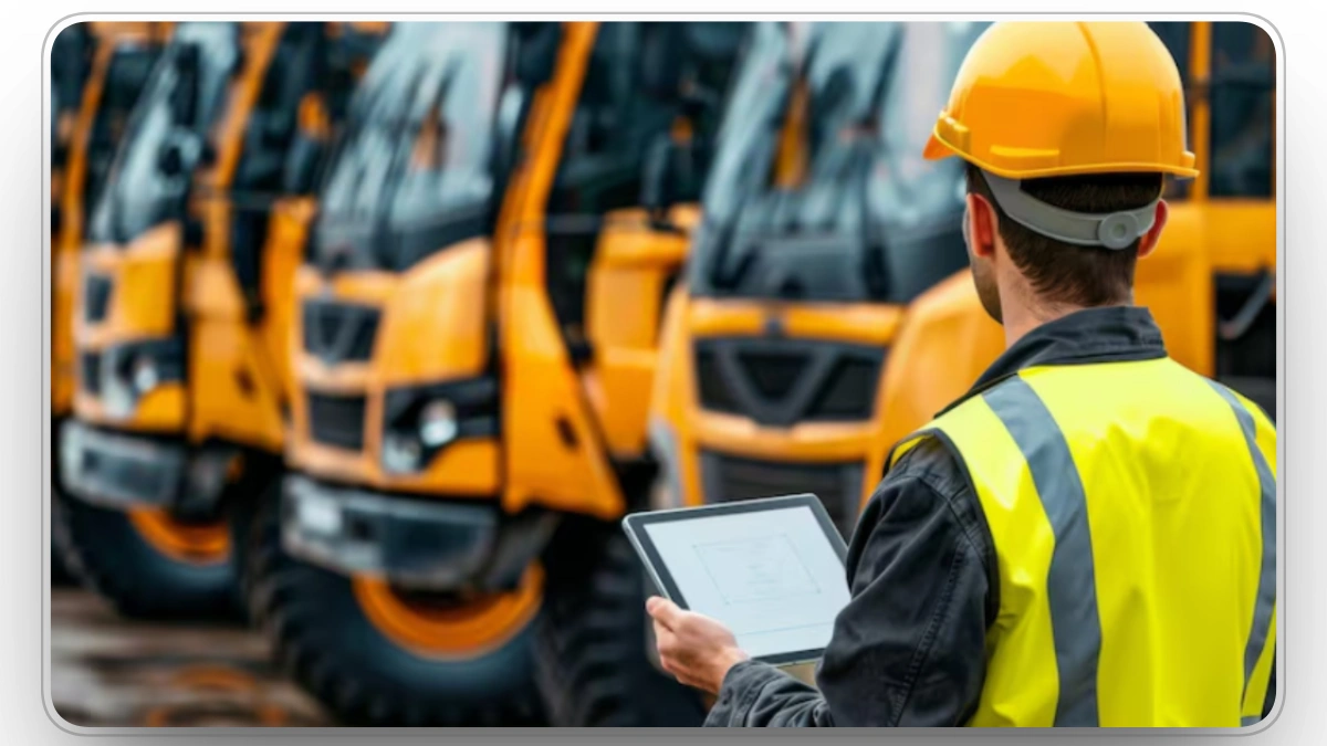 Construction fleet manager tracking equipment status with digital tablet