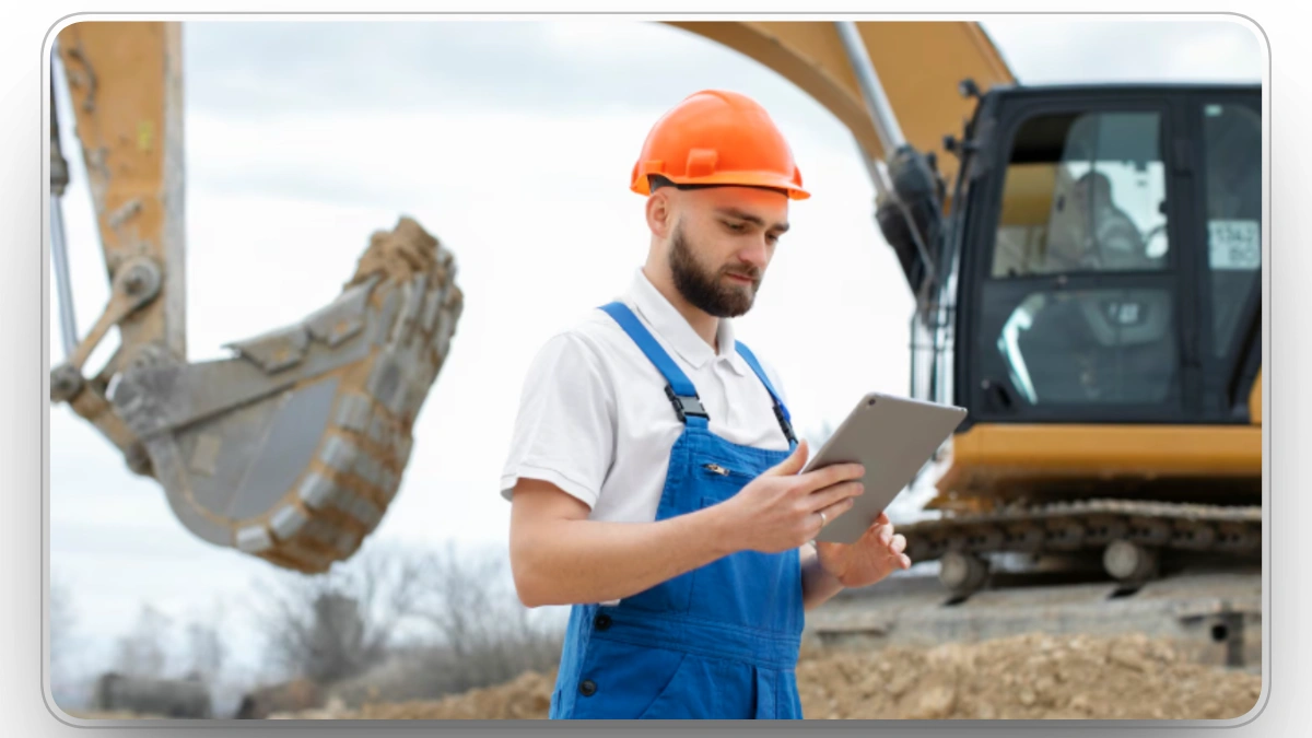 Heavy equipment technician reviewing machine data on a tablet