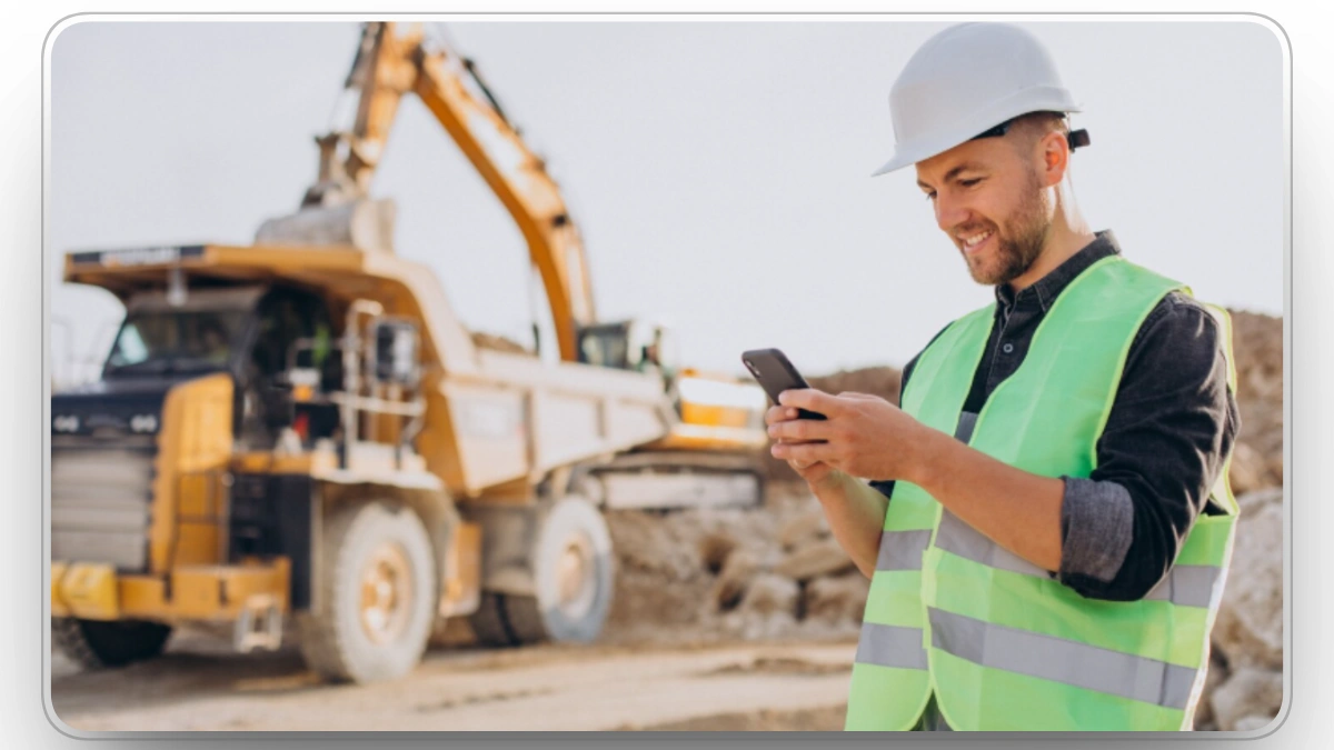 Construction worker using mobile maintenance tools near heavy equipment