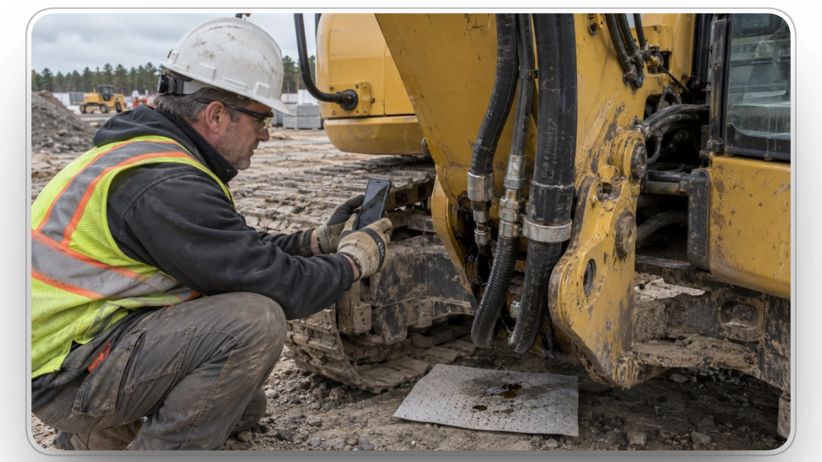 Equipment technician performing maintenance inspection on excavator machinery