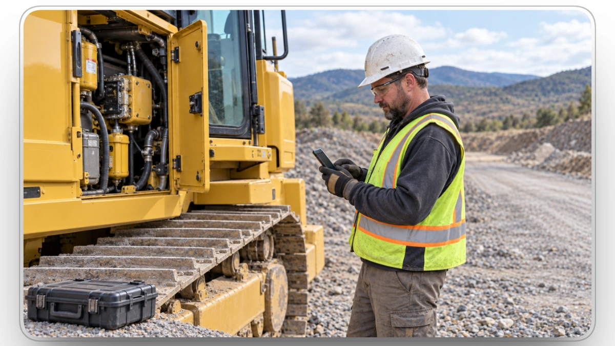 Technician checking construction equipment maintenance tasks on mobile device
