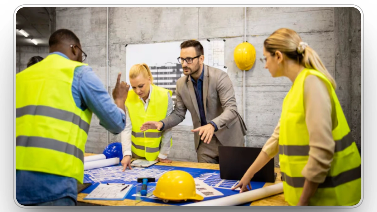 Construction team reviewing fleet operations plans and software integration workflows