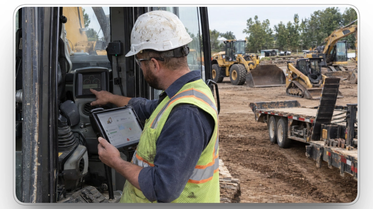 Operator using fleet software on equipment to monitor machine data and workflows