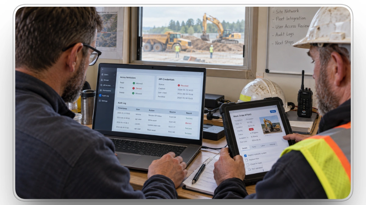 Fleet managers testing API access and equipment data integration on software platforms