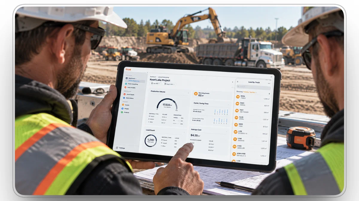 Construction managers review equipment dispatch data on a tablet at an active jobsite.