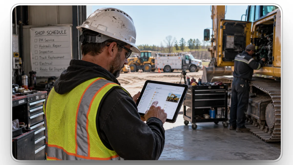 Fleet manager checks equipment status while a mechanic services an excavator in the shop.