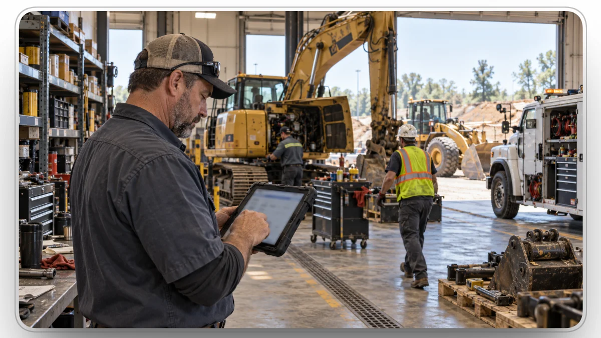 Fleet manager dispatching repair work orders from a tablet in the equipment shop