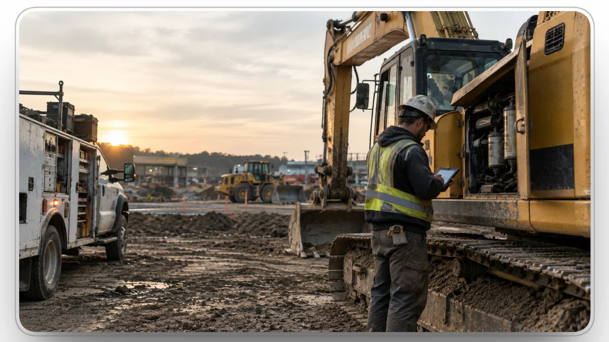 Technician checking an excavator repair work order on a tablet at a jobsite