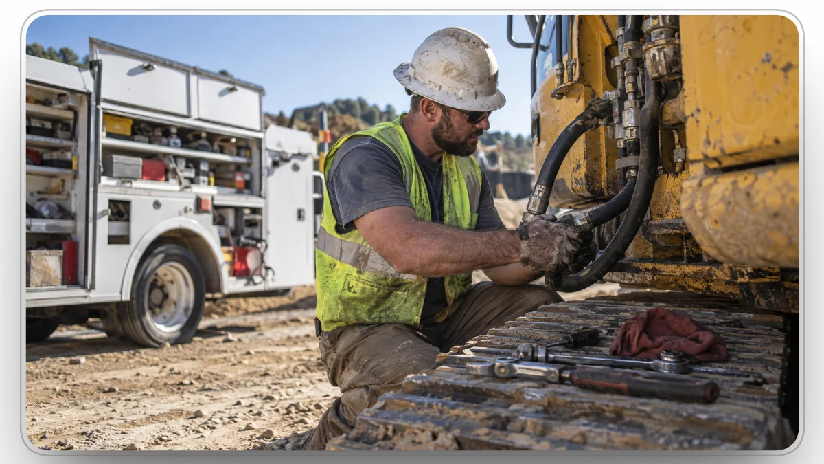 Mechanic repairing excavator hydraulic lines during a construction equipment service
