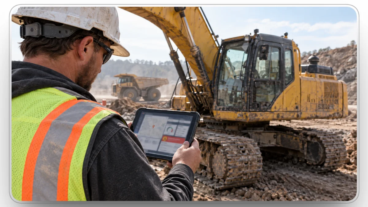 Field technician reviewing excavator maintenance and repair status on a tablet