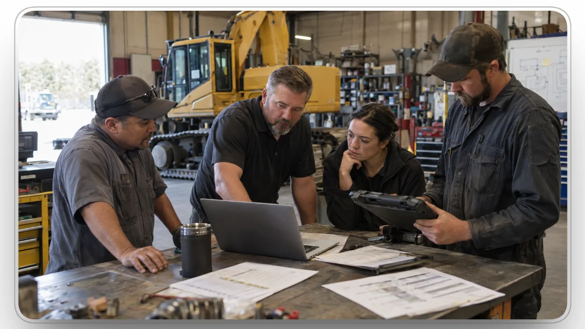 Construction fleet team reviewing repair work orders in an equipment shop