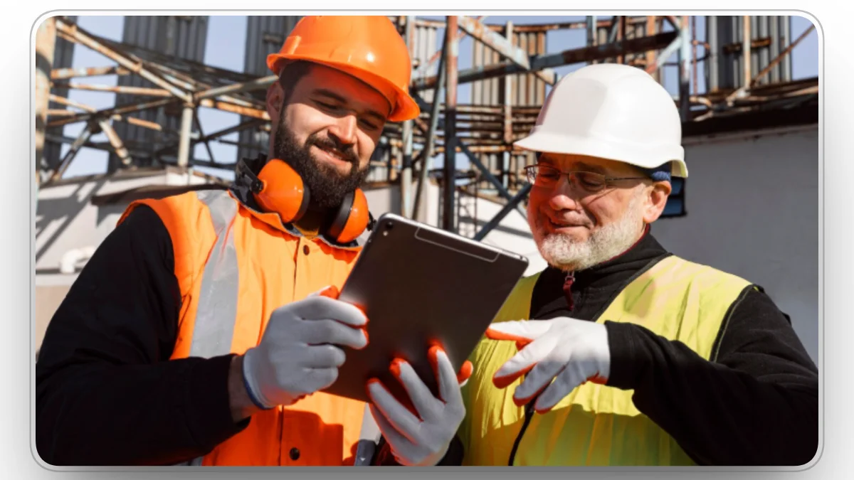 1. Construction crew reviewing work assignments on a tablet at the jobsite