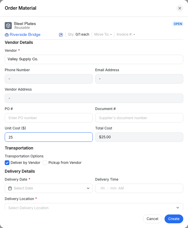 Order Material form with vendor, PO number and unit cost