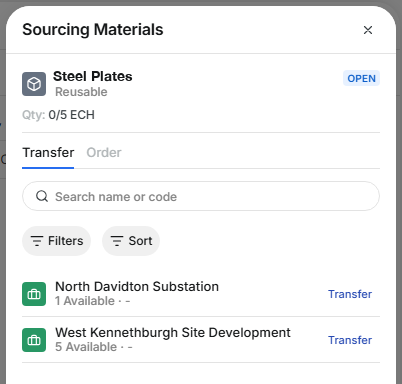 Sourcing Materials panel with job sites that have the material available