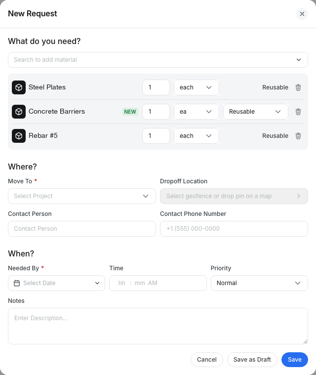 New Request form with three materials added