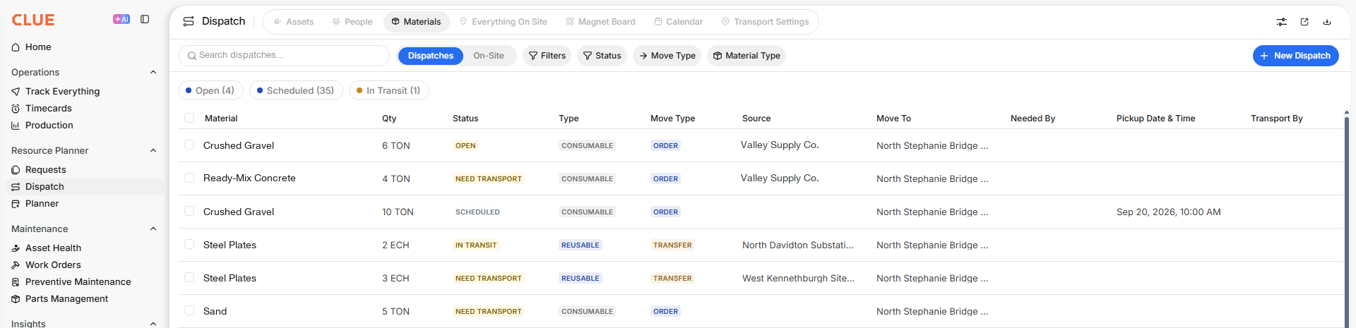 Dispatch Materials list of orders and transfers