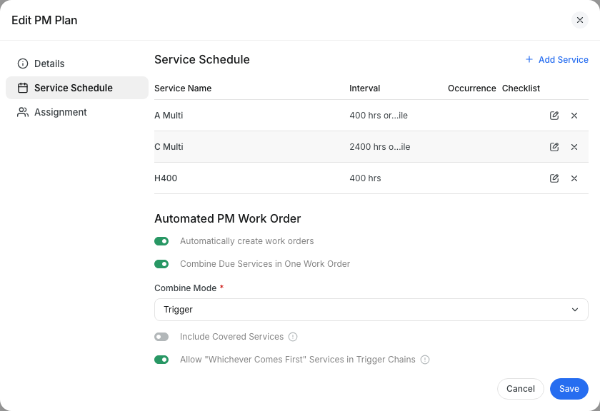 Edit PM Plan with Combine Mode set to Trigger and the whichever comes first switch on