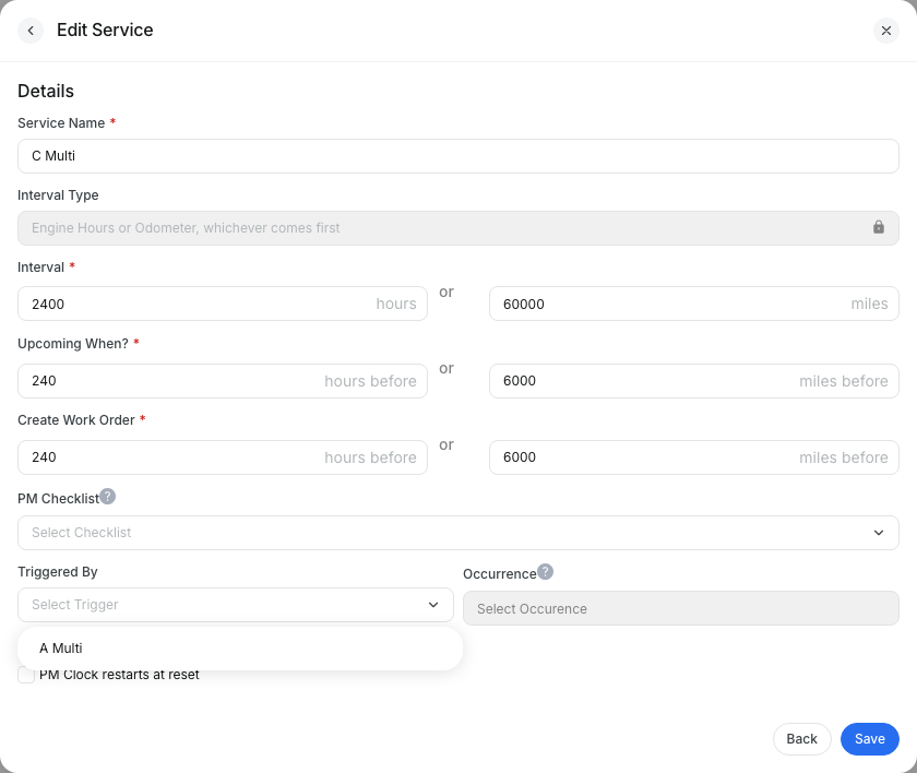 Edit Service dialog for a 2,400 hour or 60,000 mile service with its trigger options