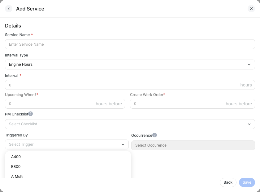 Add Service dialog listing whichever comes first services in Triggered By