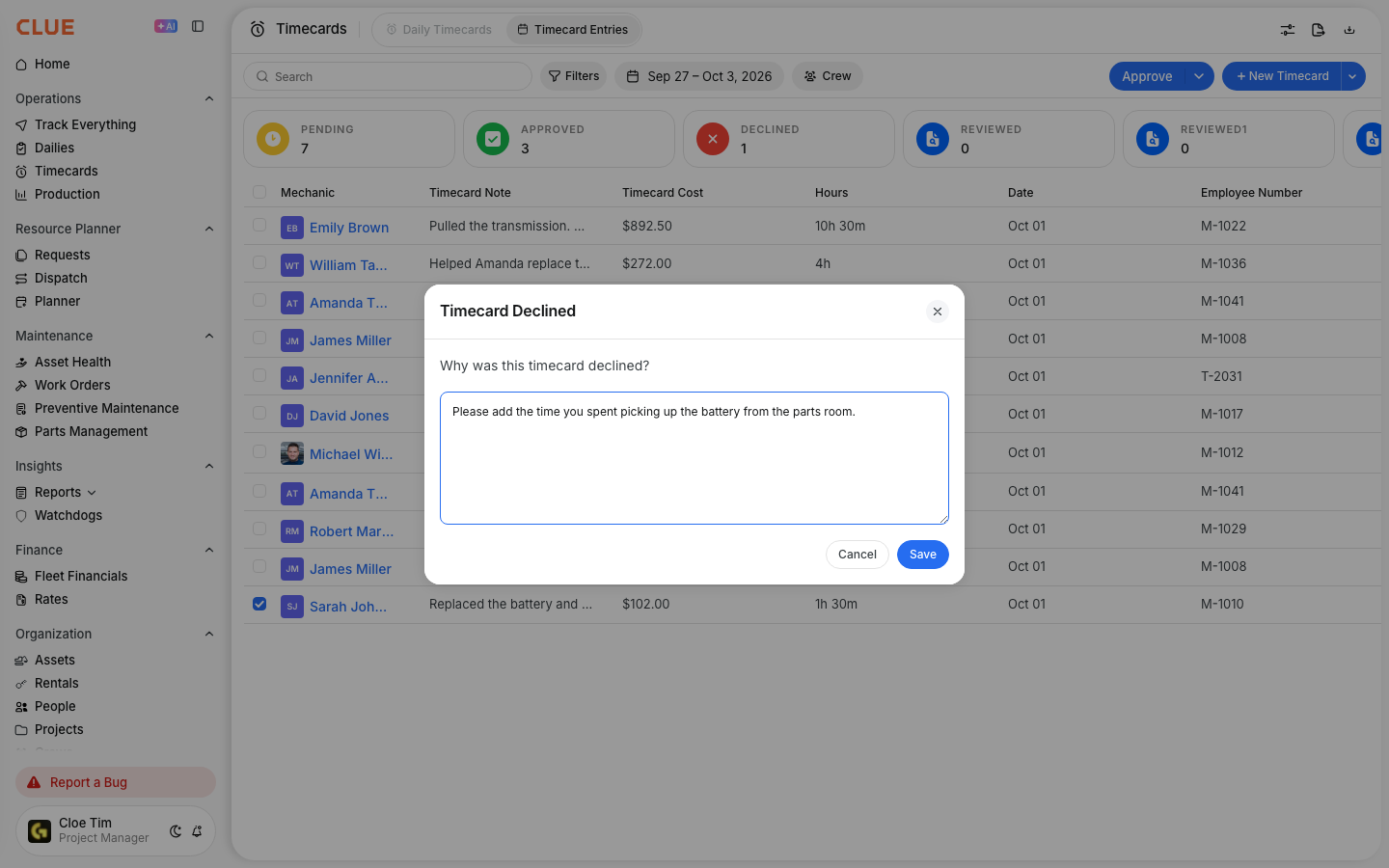 Decline dialog asking why the timecard was declined, with a note for the employee