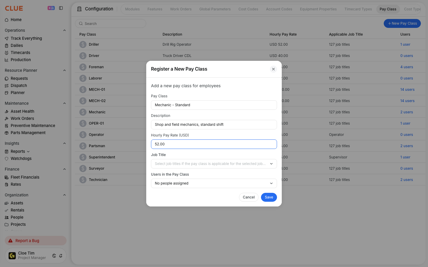 Register a New Pay Class dialog with name, description and a 52 dollar hourly pay rate filled in