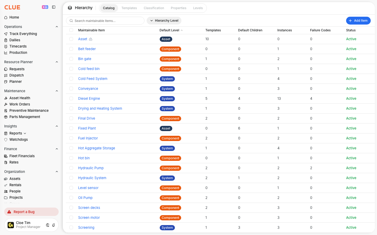 Hierarchy Catalog listing maintainable items with level badges, templates, default children, instances and failure codes