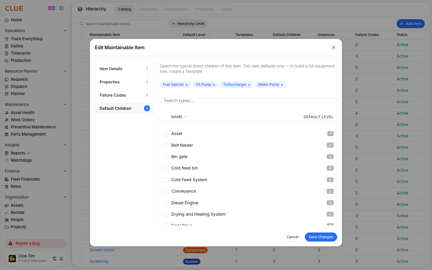 Default Children tab for Diesel Engine with turbocharger, fuel injector, oil pump and water pump selected