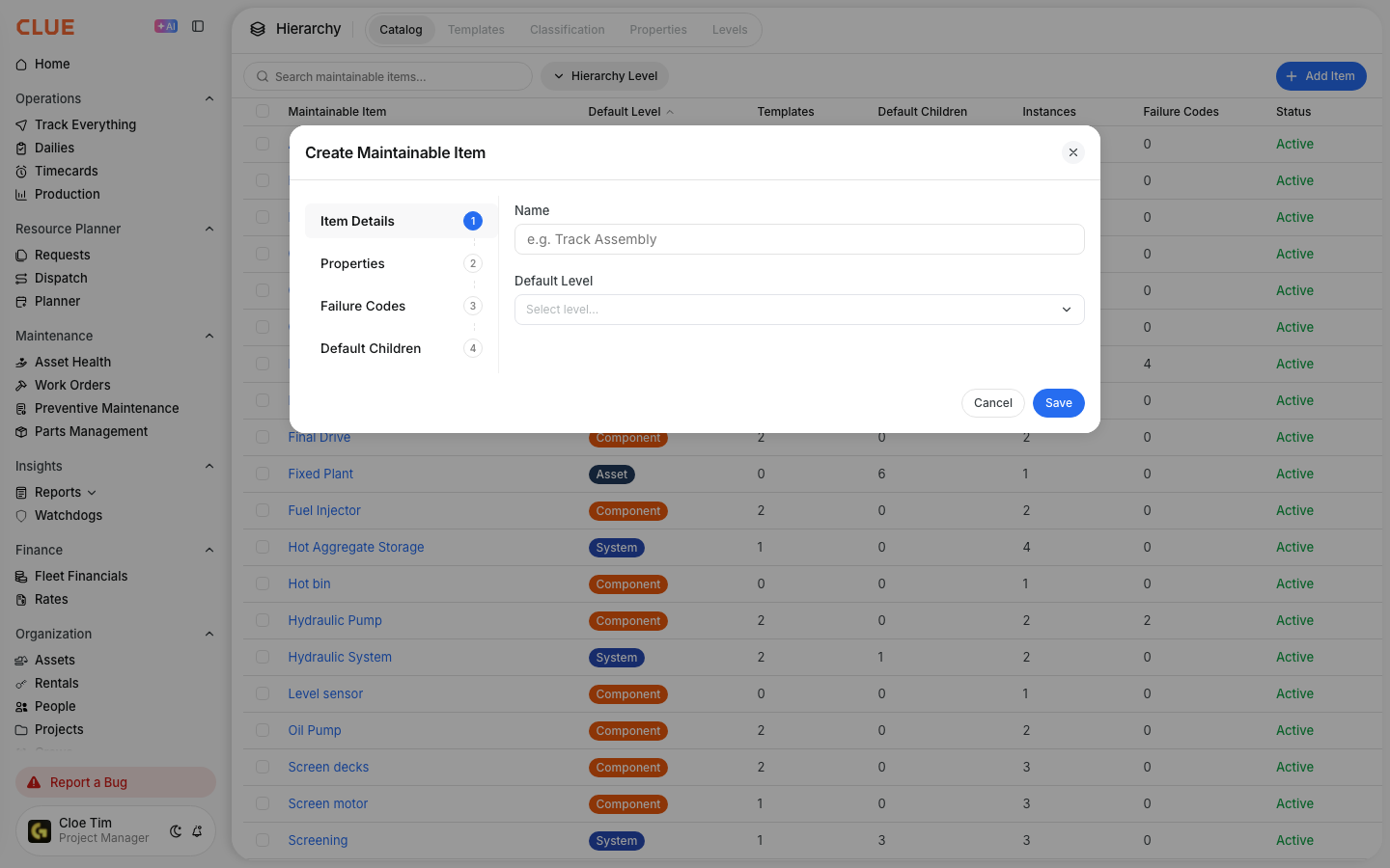 Create Maintainable Item dialog with name and default level fields and the four setup tabs
