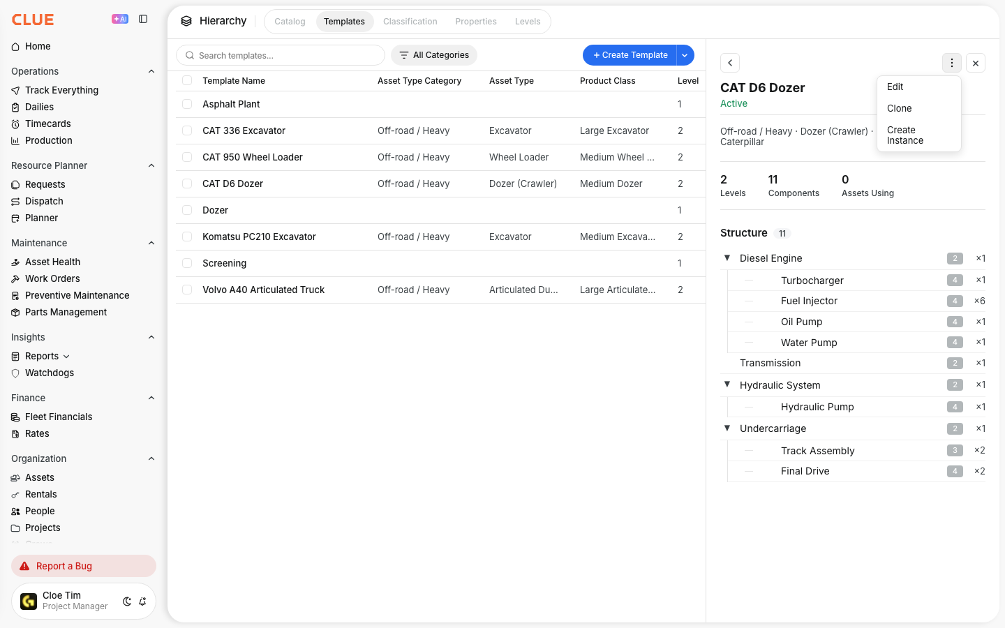 Template three-dot menu open with Edit, Clone and Create Instance options