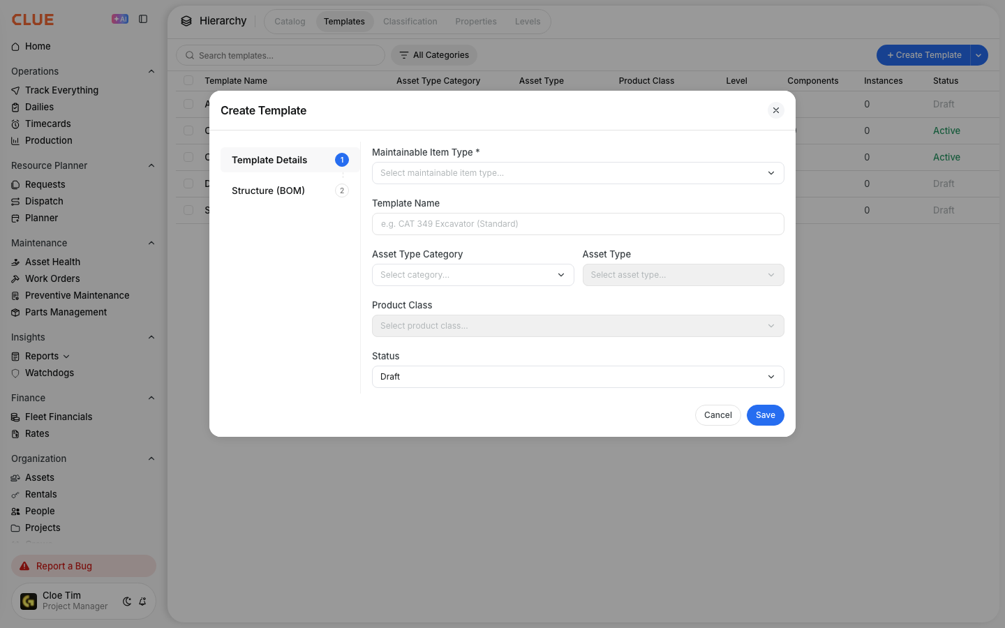 Create Template dialog with maintainable item type, template name, asset type, product class and status fields