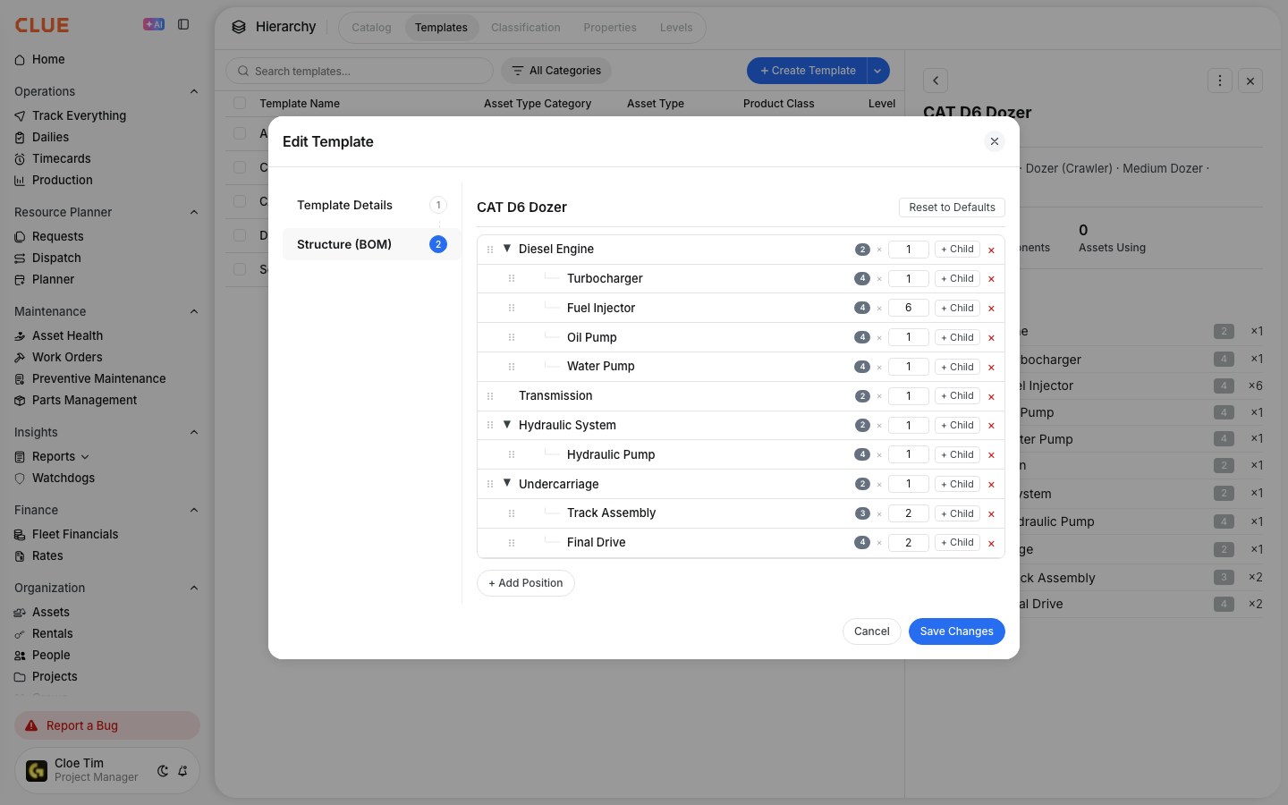 Template structure editor where catalog items are arranged into a nested bill of materials