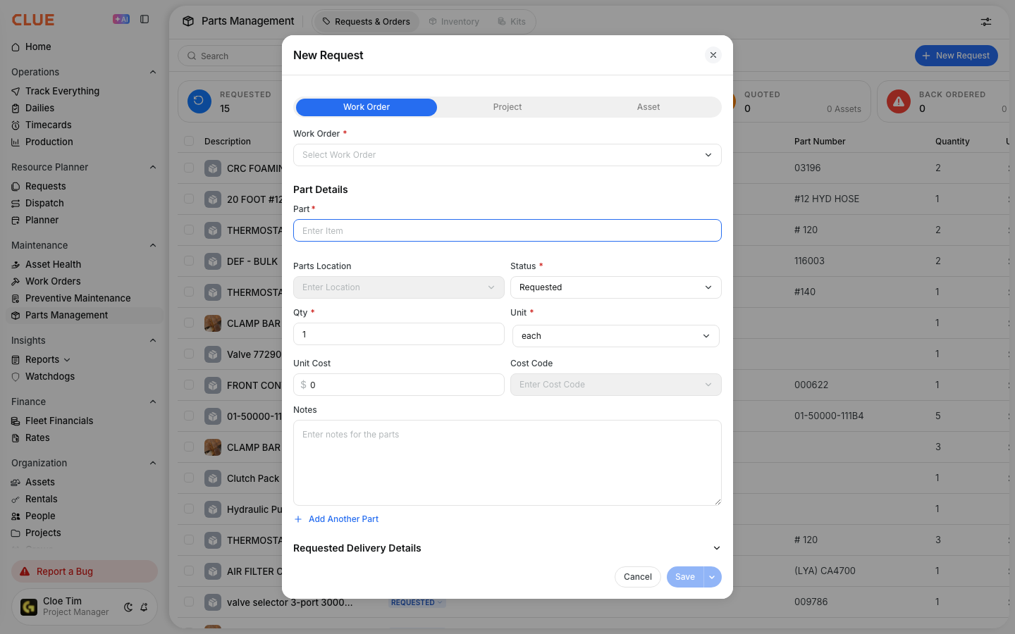 New Request form in Parts Management with work order, part, location, status, quantity and cost fields