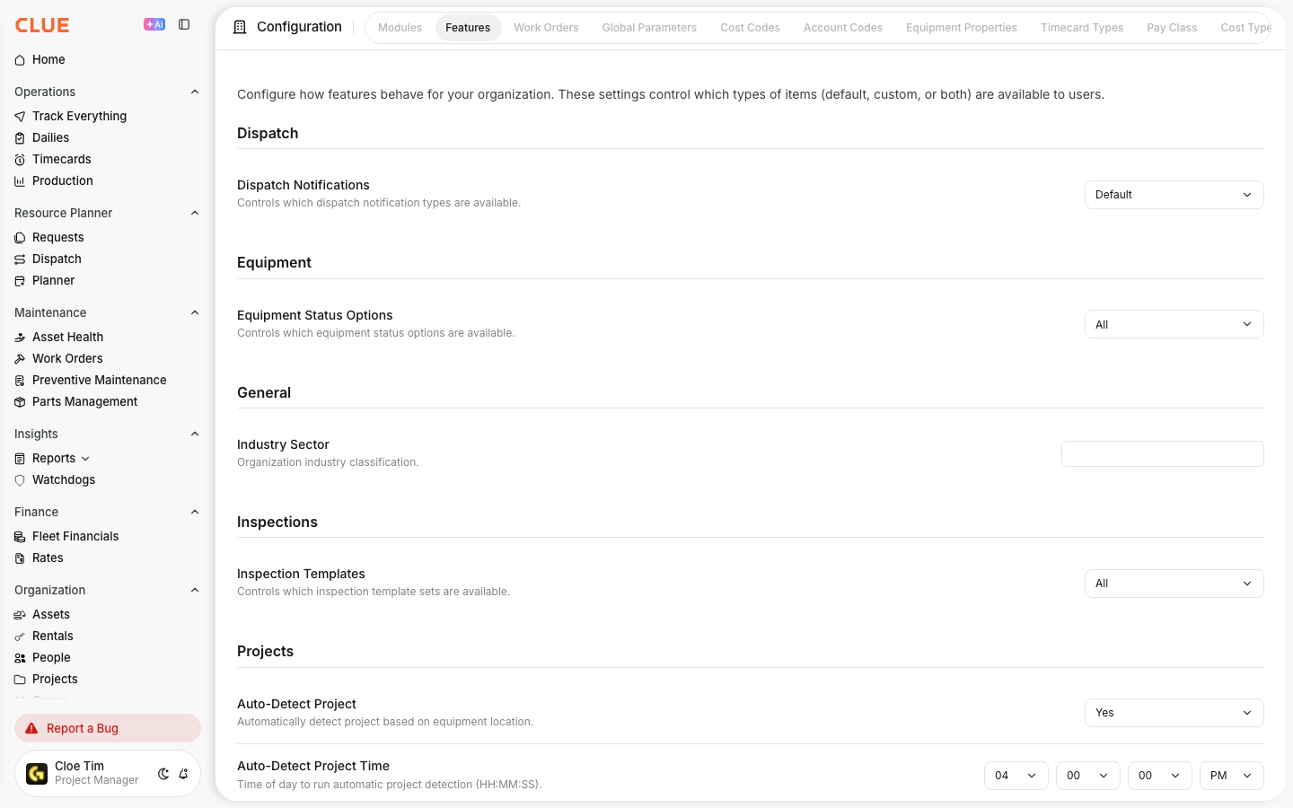 Features tab with dispatch notification, equipment status, inspection and project settings