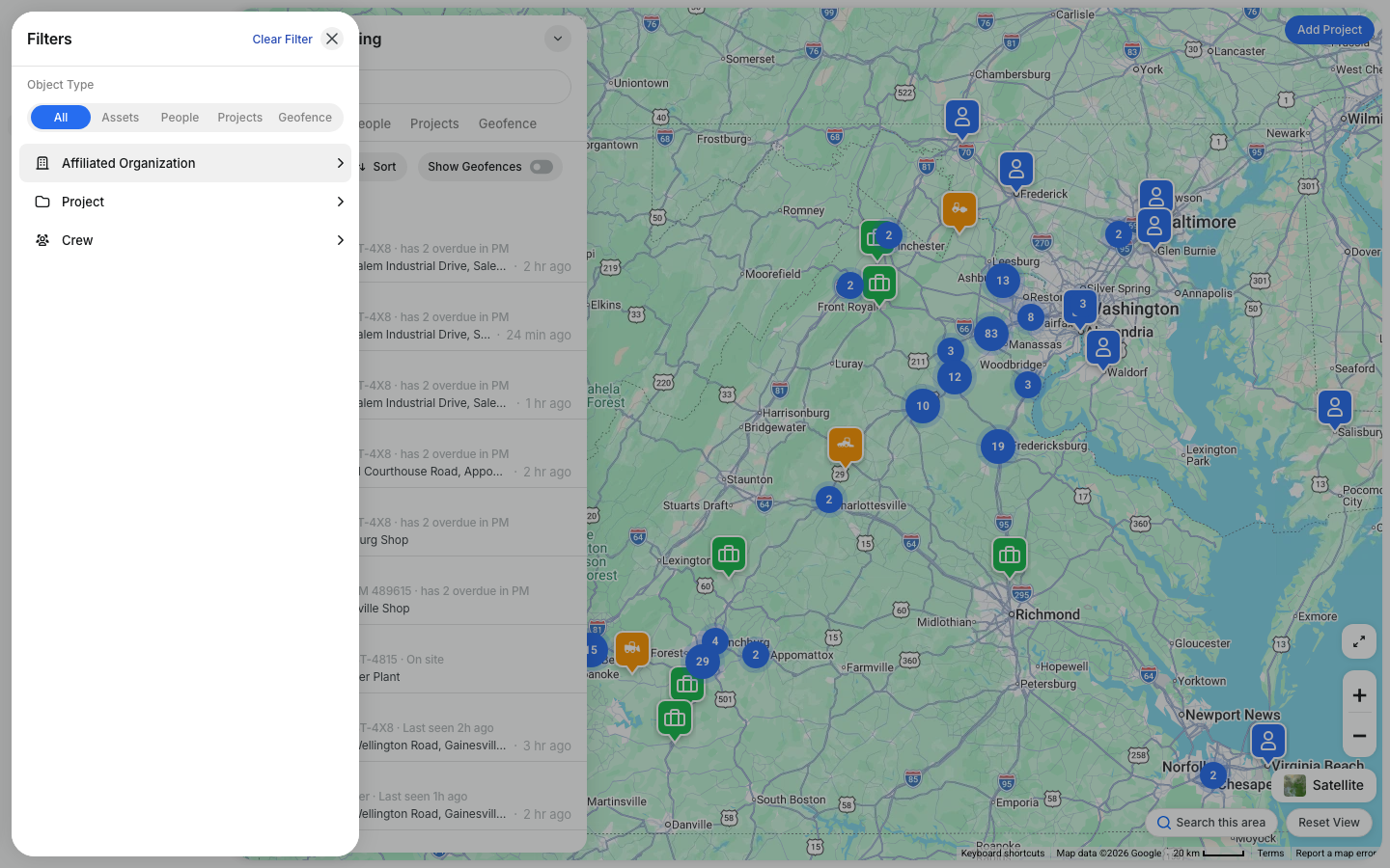 Filters panel for Track Everything with object type, affiliated organization, project and crew options