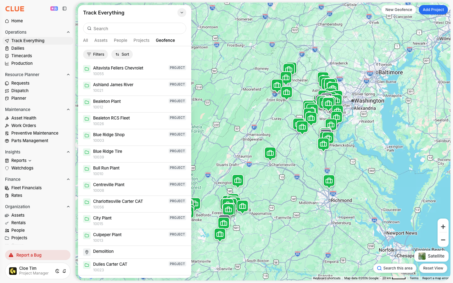 Geofence tab listing saved geofences on the left with the geofence areas plotted on the map