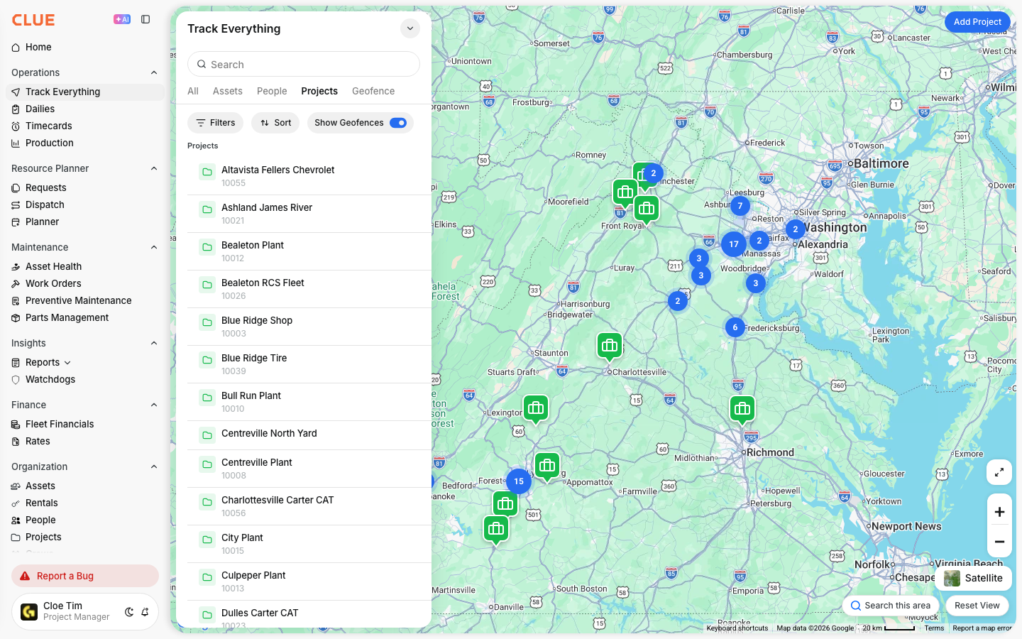 Projects tab listing job sites and shops with their project codes and locations on the map