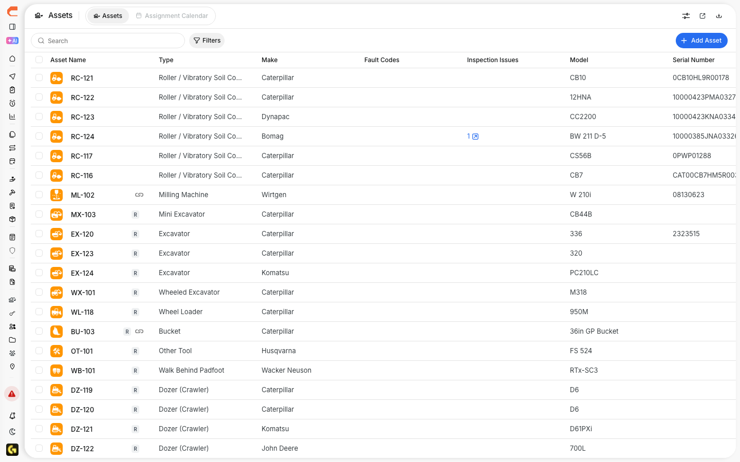 Wide view of the asset table with asset name, type, make, model and serial number columns