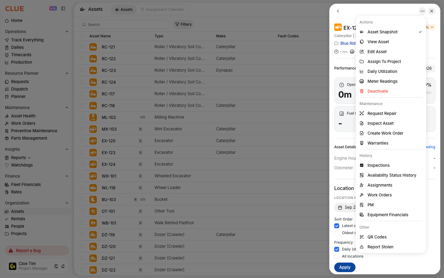 Asset actions menu open on an excavator with the Deactivate option highlighted in red