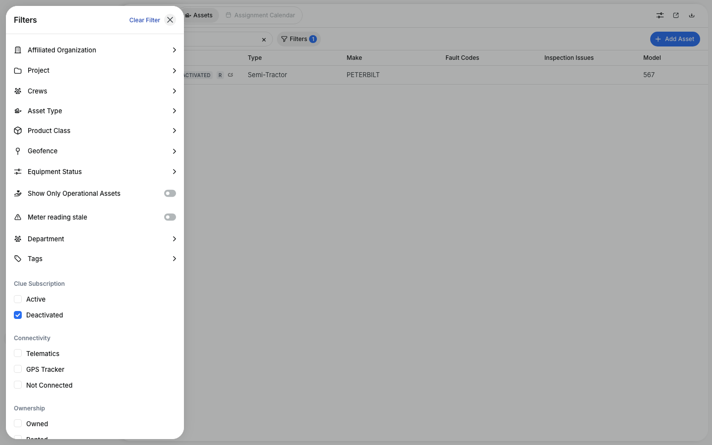 Asset filters with Clue Subscription set to Deactivated to show archived equipment