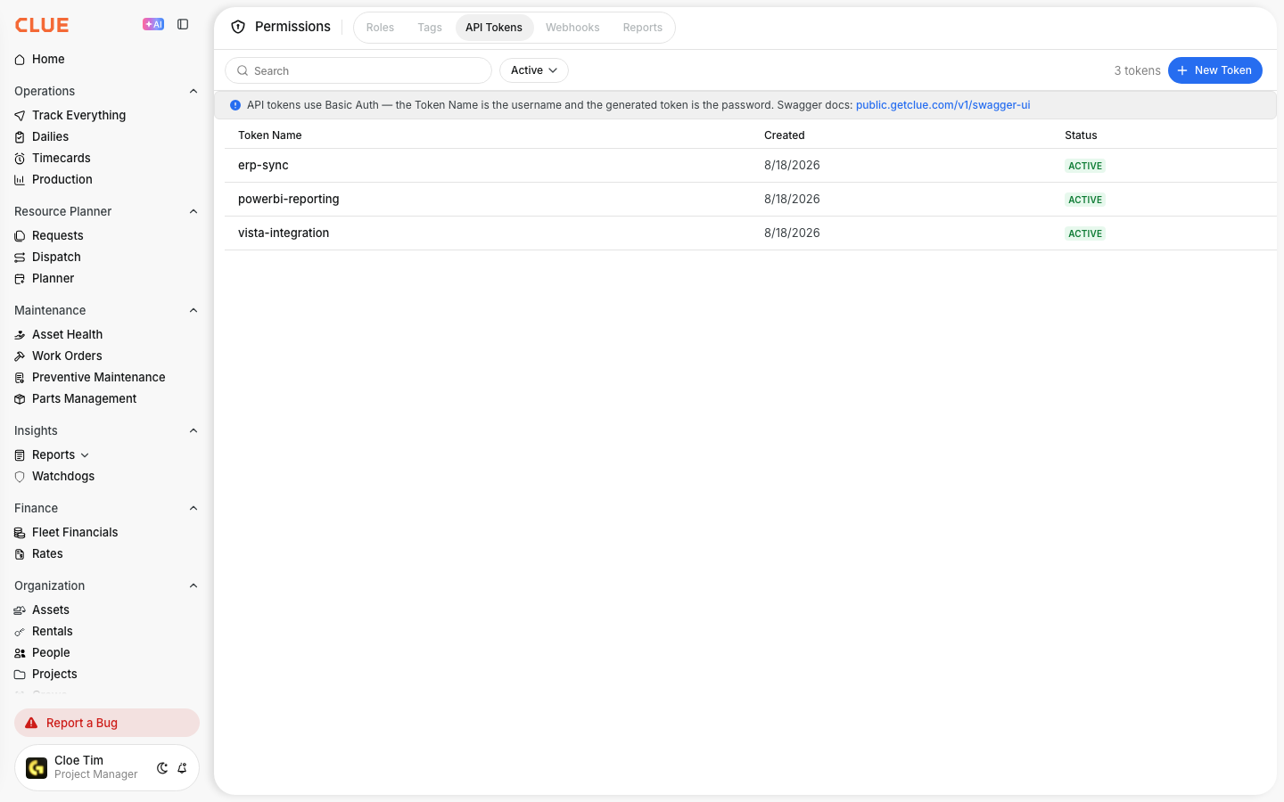 API Tokens tab in Company Settings Permissions listing active integration tokens and a New Token button